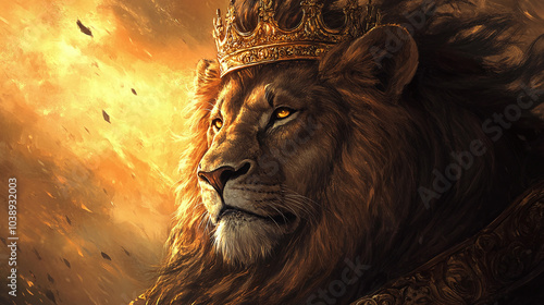 A majestic lion wears a detailed golden crown, illuminated by sunlight. The lion's intense gaze exudes power and authority, creating a royal and regal atmosphere