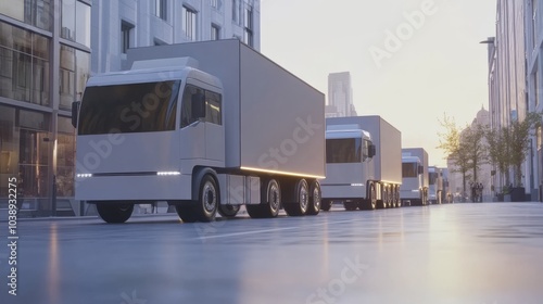 A fleet of modern trucks driving through an urban landscape during sunset, showcasing transport and logistics in motion.