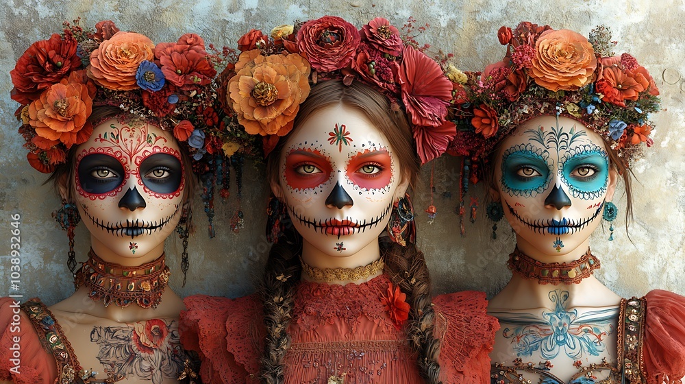 A Group of Mannequins with Painted Faces and Blooms.
A Group of Mannequins with Painted Faces and Blooms.