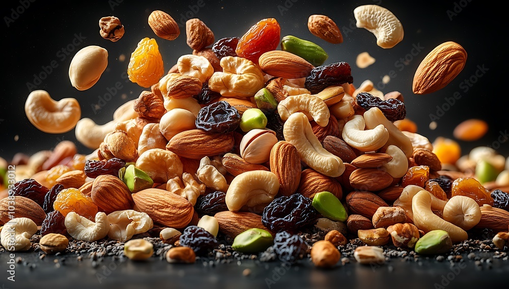 Dry fruits and mixed nuts levitating in mid-air healthy snack, almonds, pistachios, raisins, cashews, walnuts. Dry fruits and mixed nuts levitating in mid-air healthy snack, almonds, pistachios, raisins, cashews, walnuts.