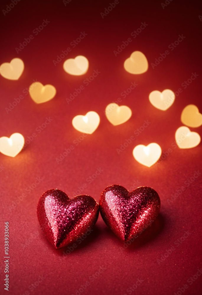 Fototapeta premium Red heart on a red sparkling glitter background. Holiday Abstract shiny backdrop for Valentine's Day or celebration event for banner, poster, card with copy space. Romantic and love. 