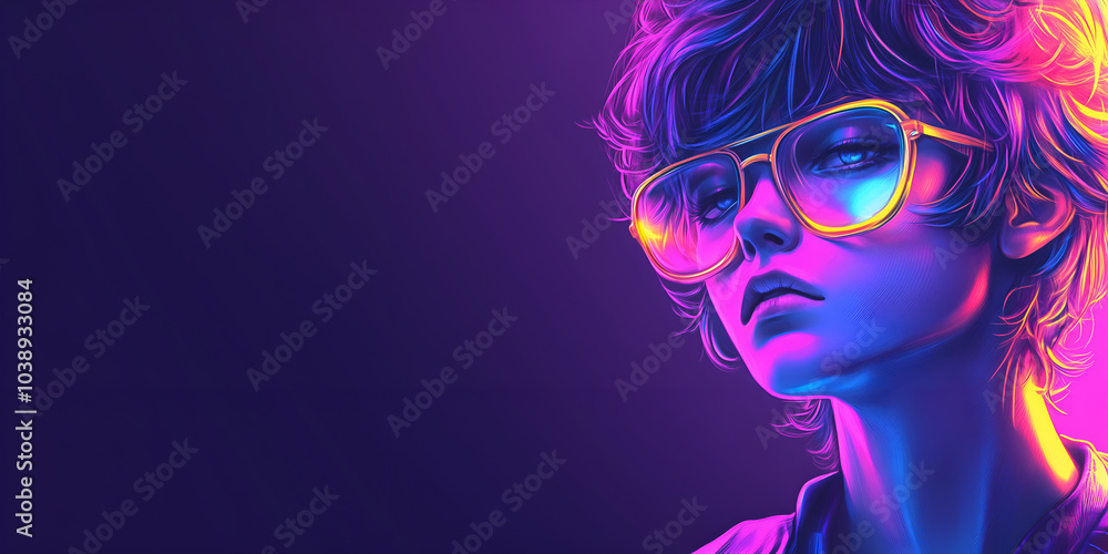 Neon Anime Boy Banner with Space for Copy, Lo-Fi Futuristic Sci-Fi Manga Art Neon Anime Boy Banner with Space for Copy, Lo-Fi Futuristic Sci-Fi Manga Art