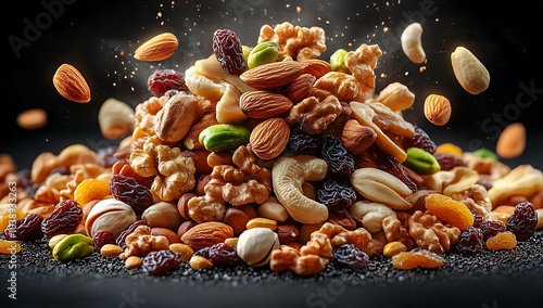 Fototapeta Naklejka Na Ścianę i Meble -  Dry fruits and mixed nuts levitating in mid-air healthy snack, almonds, pistachios, raisins, cashews, walnuts.