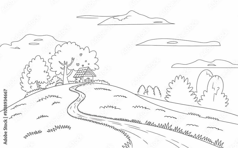 Fototapeta premium Home river hill outline design concept and coloring page design illustration concept 