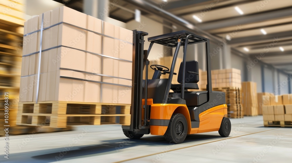 A modern forklift maneuvering through a warehouse filled with stacked pallets of goods, showcasing efficient logistics management. A modern forklift maneuvering through a warehouse filled with stacked pallets of goods, showcasing efficient logistics management.