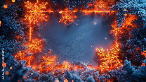 A blue background with a frame of snowflakes and a snow-covered forest