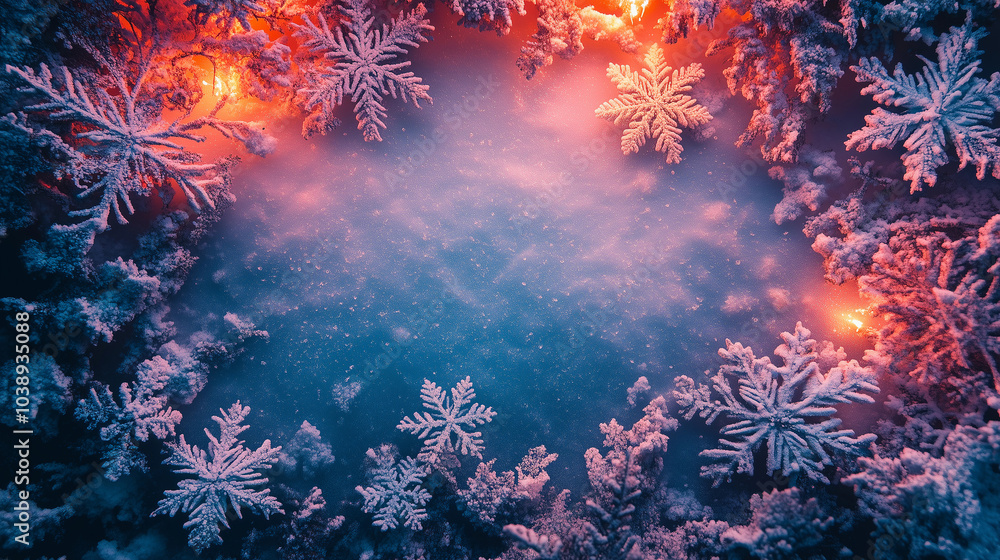 A snowflake pattern with a blue background and red lights A snowflake pattern with a blue background and red lights