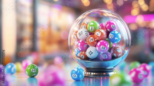 Process of prize drawings, extracting a winning numbers of lottery machine, raffle drum with a bingo balls and winning tickets on event with a host and hands on lottery machine 