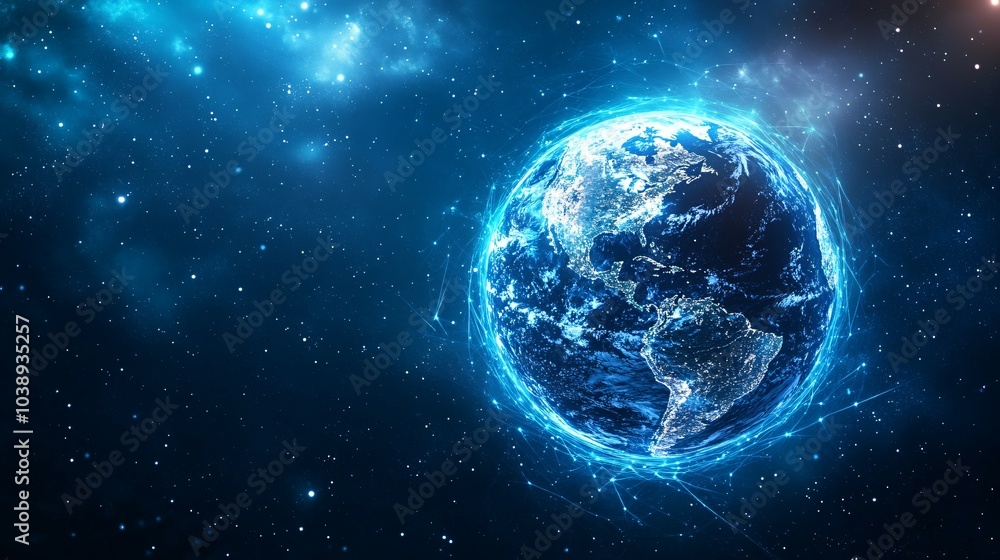 Blue Earth Globe Surrounded by Network Lines in Space Blue Earth Globe Surrounded by Network Lines in Space