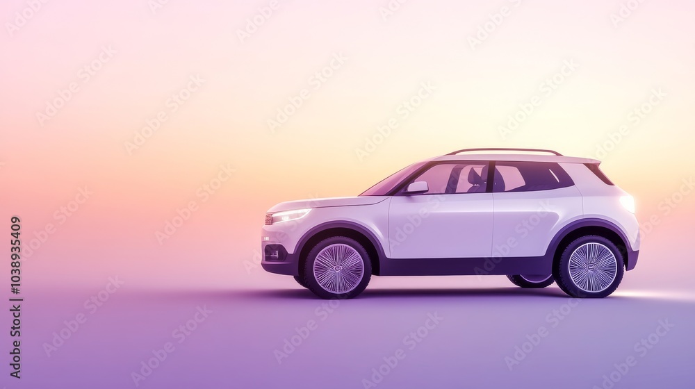 Fototapeta premium A modern white SUV parked against a vibrant sunset background, showcasing sleek design and innovative features.