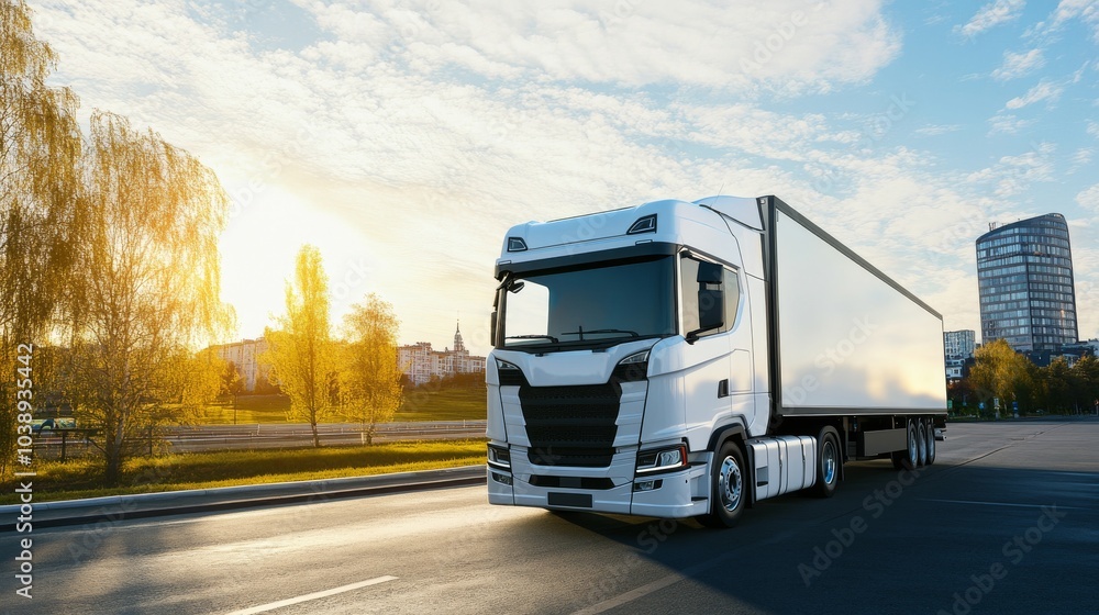 A modern white truck driving on a sunny road, surrounded by trees and buildings, symbolizing transportation and logistics. A modern white truck driving on a sunny road, surrounded by trees and buildings, symbolizing transportation and logistics.