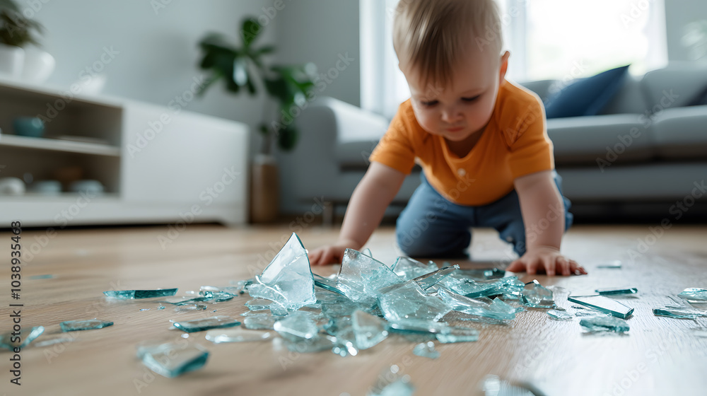 Toddler Looking at a Few Pieces of Broken Glass on the Floor: A Moment of Curiosity and Caution Toddler Looking at a Few Pieces of Broken Glass on the Floor: A Moment of Curiosity and Caution