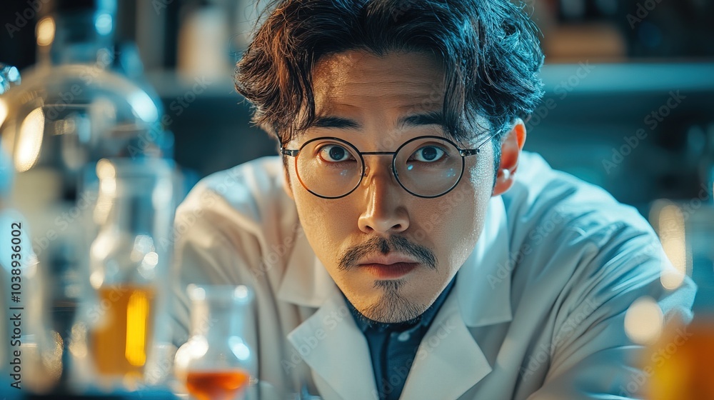 Funny and Eccentric Asian male Scientist in a Lab Funny and Eccentric Asian male Scientist in a Lab