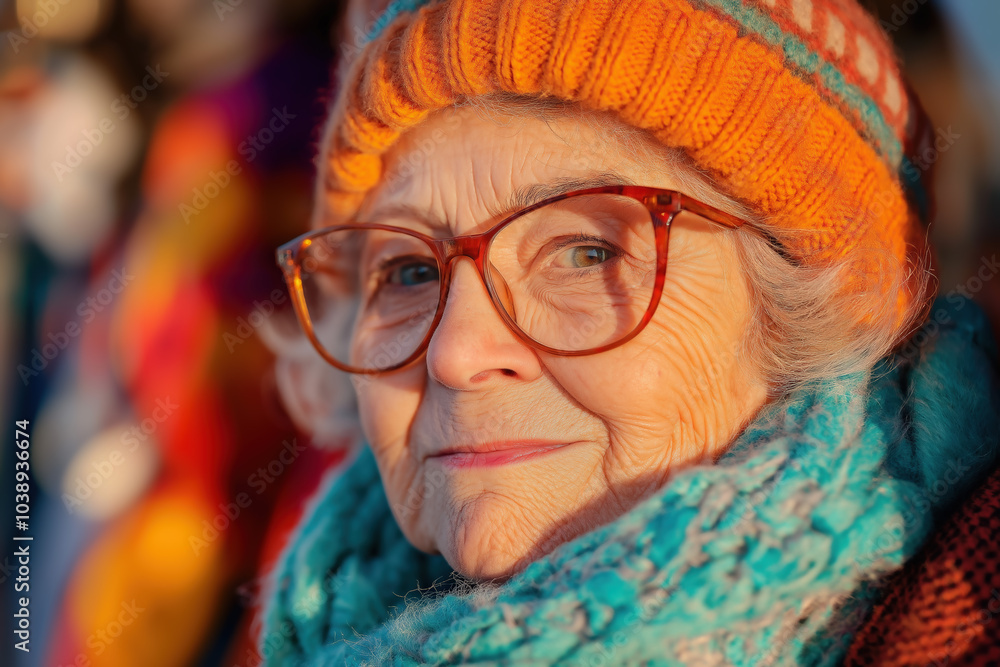 White elderly woman enjoying Christmas shopping in a festive outdoor market White elderly woman enjoying Christmas shopping in a festive outdoor market