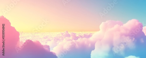 A serene landscape of fluffy clouds illuminated by pastel colors, creating a calm and dreamy atmosphere in the sky.