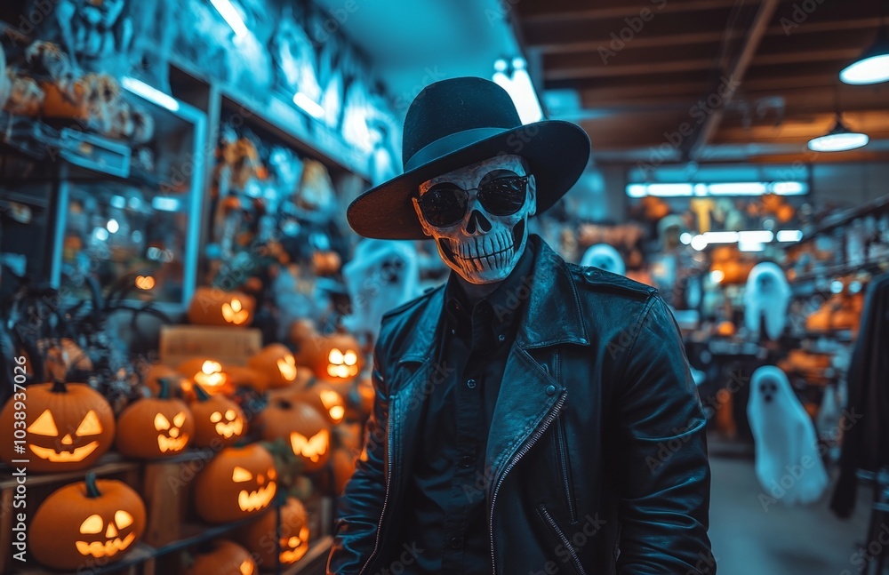 Obraz premium Man in Black Leather Jacket and Fedora Hat in Halloween Store