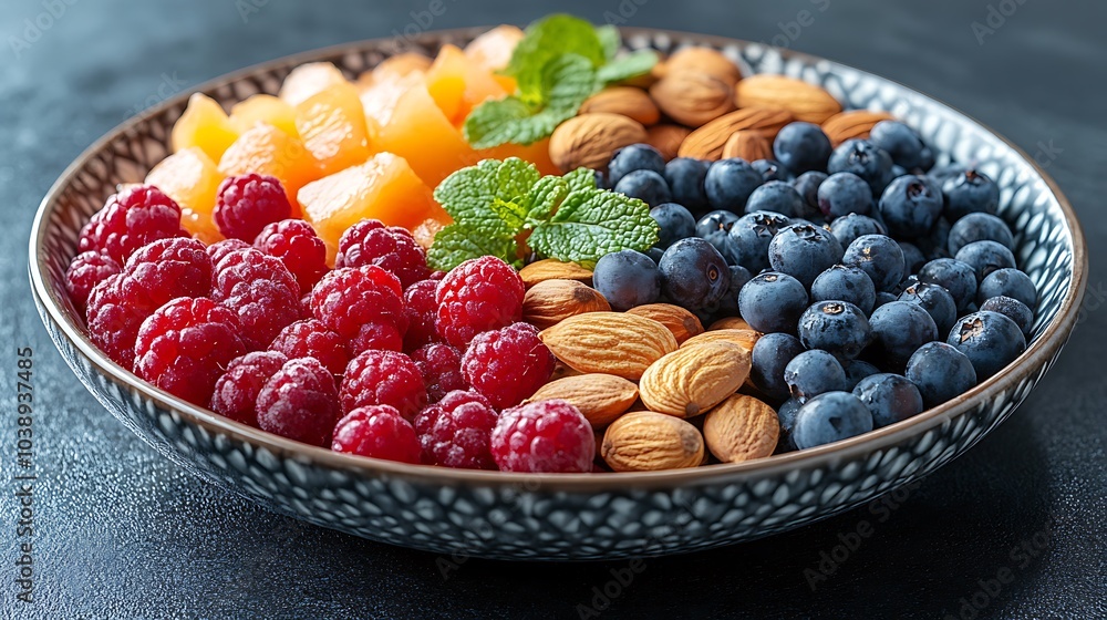 A black plate with a variety of fruits and nuts, full of blueberries, raspberries, almonds, and mango. Mixed fruits and nuts, brain-stimulating snack, healthy, natural energy boost, solid background.