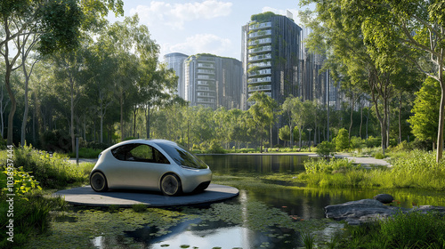 An electric car driving through a dense urban park, surrounded by towering trees and vibrant greenery, while a nearby lake reflects the sky.  photo