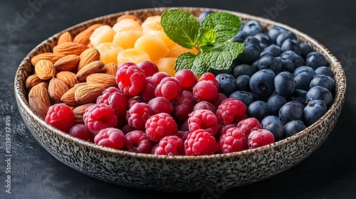 Wallpaper Mural A black plate with a variety of fruits and nuts, full of blueberries, raspberries, almonds, and mango. Mixed fruits and nuts, brain-stimulating snack, healthy, natural energy boost, solid background. Torontodigital.ca