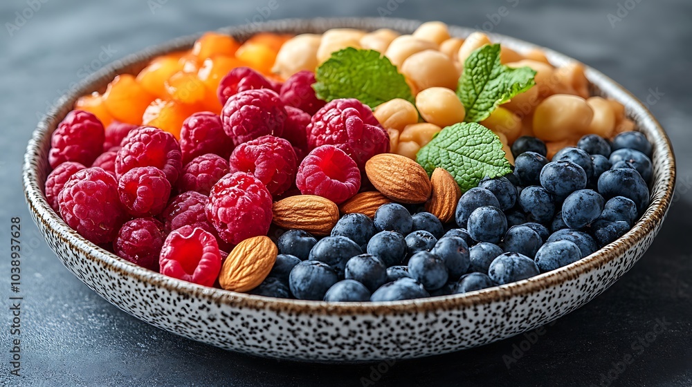 A black plate with a variety of fruits and nuts, full of blueberries, raspberries, almonds, and mango. Mixed fruits and nuts, brain-stimulating snack, healthy, natural energy boost, solid background. A black plate with a variety of fruits and nuts, full of blueberries, raspberries, almonds, and mango. Mixed fruits and nuts, brain-stimulating snack, healthy, natural energy boost, solid background.