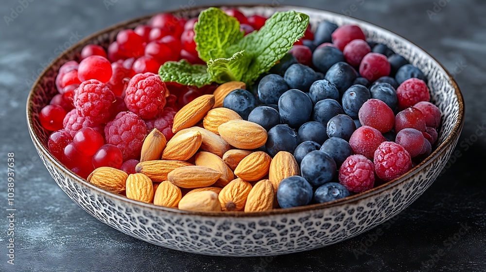 A black plate with a variety of fruits and nuts, full of blueberries, raspberries, almonds, and mango. Mixed fruits and nuts, brain-stimulating snack, healthy, natural energy boost, solid background. A black plate with a variety of fruits and nuts, full of blueberries, raspberries, almonds, and mango. Mixed fruits and nuts, brain-stimulating snack, healthy, natural energy boost, solid background.