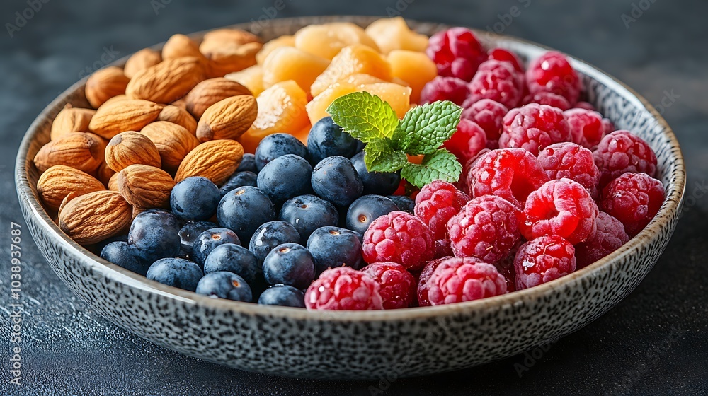 A black plate with a variety of fruits and nuts, full of blueberries, raspberries, almonds, and mango. Mixed fruits and nuts, brain-stimulating snack, healthy, natural energy boost, solid background. A black plate with a variety of fruits and nuts, full of blueberries, raspberries, almonds, and mango. Mixed fruits and nuts, brain-stimulating snack, healthy, natural energy boost, solid background.