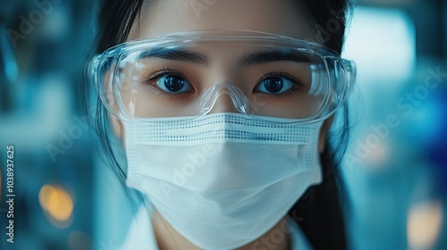 Close up Female Asian Doctor Wearing mask and Transparen sunglasess in a Clinical Setting