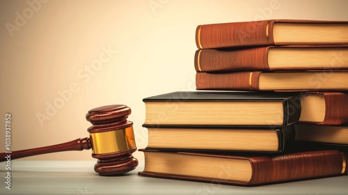 A stack of law books beside a gavel, symbolizing justice and legal studies in a professional setting. photo