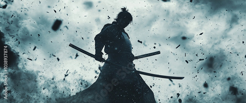 A dramatic silhouette of a lone samurai standing in traditional armor, holding two swords amidst a stormy battlefield. Dark clouds and flying debris intensify the scene's tension photo