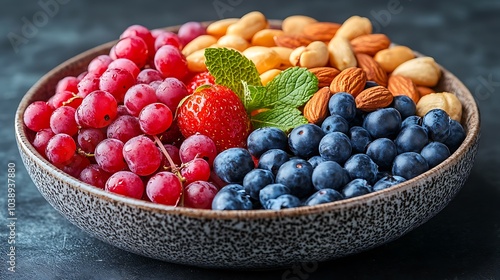 Wallpaper Mural A black plate with a variety of fruits and nuts, full of blueberries, raspberries, almonds, and mango. Mixed fruits and nuts, brain-stimulating snack, healthy, natural energy boost, solid background. Torontodigital.ca