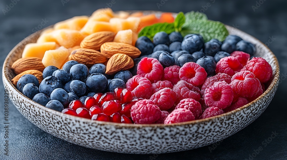 A black plate with a variety of fruits and nuts, full of blueberries, raspberries, almonds, and mango. Mixed fruits and nuts, brain-stimulating snack, healthy, natural energy boost, solid background. A black plate with a variety of fruits and nuts, full of blueberries, raspberries, almonds, and mango. Mixed fruits and nuts, brain-stimulating snack, healthy, natural energy boost, solid background.
