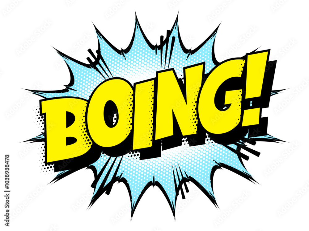 Sound effect bubble with onomatopoeia ‘Boing!’ in retro halftone comic book style Sound effect bubble with onomatopoeia ‘Boing!’ in retro halftone comic book style