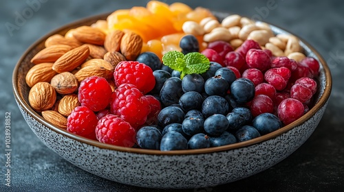 A black plate with a variety of fruits and nuts, full of blueberries, raspberries, almonds, and mango. Mixed fruits and nuts, brain-stimulating snack, healthy, natural energy boost, solid background.