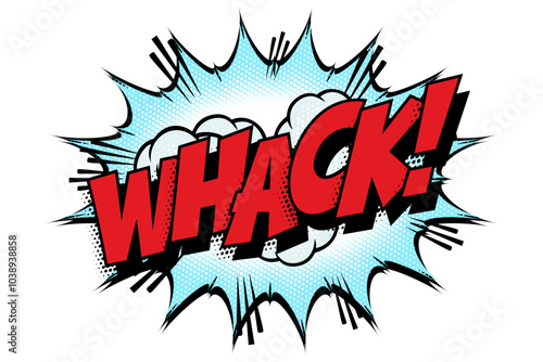 Sound effect bubble with onomatopoeia ‘Whack!’ in retro halftone comic book style 