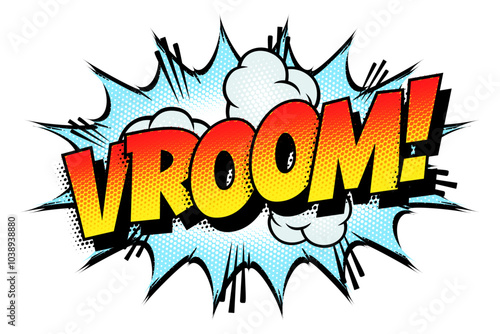 Sound effect bubble with onomatopoeia ‘Vroom!’ in retro halftone comic book style 