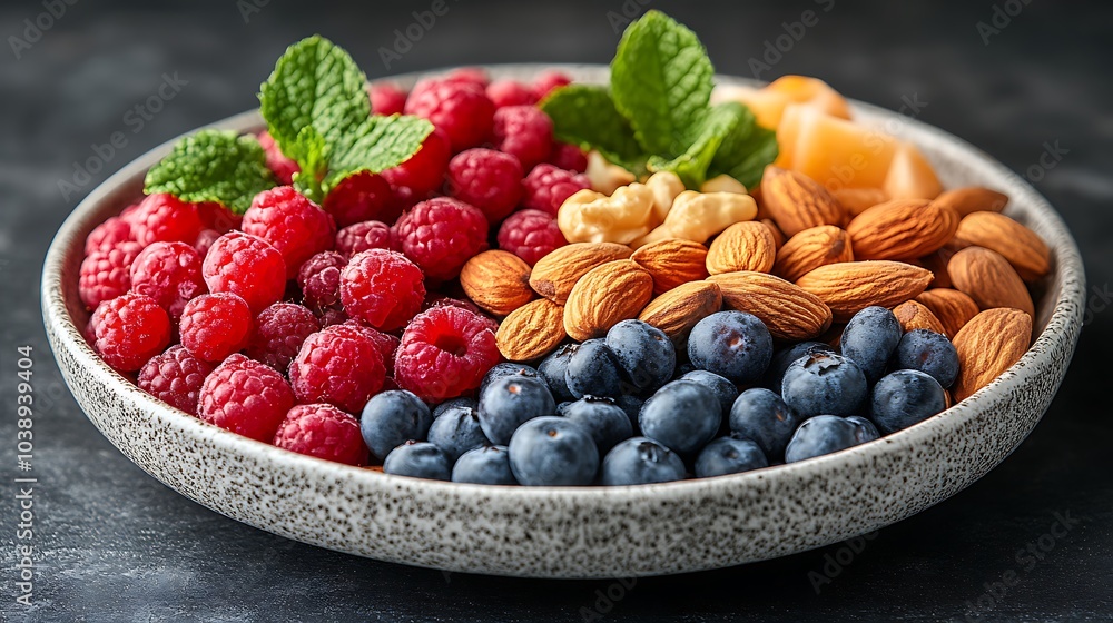 A black plate with a variety of fruits and nuts, full of blueberries, raspberries, almonds, and mango. Mixed fruits and nuts, brain-stimulating snack, healthy, natural energy boost, solid background. A black plate with a variety of fruits and nuts, full of blueberries, raspberries, almonds, and mango. Mixed fruits and nuts, brain-stimulating snack, healthy, natural energy boost, solid background.