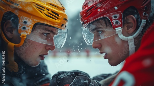 Intense close-up of two young ice hockey players in a face-off. Opponents stare each other down on an outdoor winter rink. Youth sports competition and rivalry concept