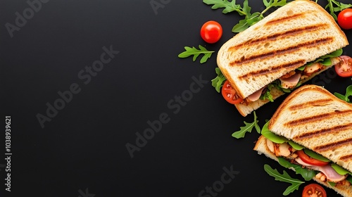 Top view of toasted panini on a black background with space for text.