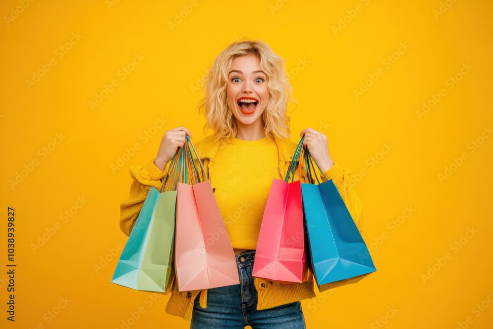 Woman smiling, holding shopping bags. Woman smiling, holding shopping bags.