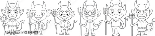 Set of devil cartoon characters holding pitchforks, Black and white vector set, for Halloween party invitations, web icons, and stickers