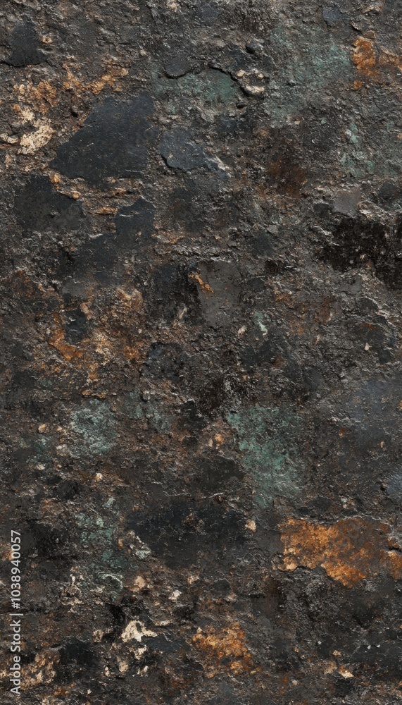 Close-up of a weathered surface with a mix of black, brown, and green hues. Close-up of a weathered surface with a mix of black, brown, and green hues.