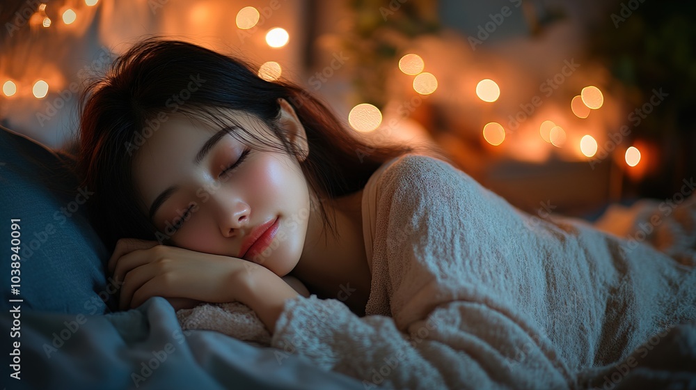 Asian woman sleeping cozily on a comfortable bed in his bedroom at night light shining Asian woman sleeping cozily on a comfortable bed in his bedroom at night light shining