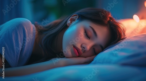 Asian woman sleeping cozily on a comfortable bed in his bedroom at night light shining 