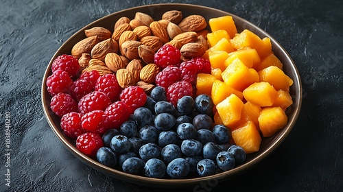 A black plate with a variety of fruits and nuts, full of blueberries, raspberries, almonds, and mango. Mixed fruits and nuts, brain-stimulating snack, healthy, natural energy boost, solid background.