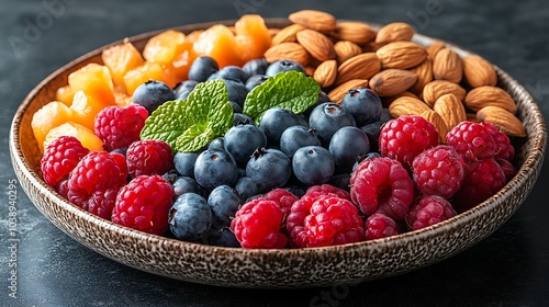 Wallpaper Mural A black plate with a variety of fruits and nuts, full of blueberries, raspberries, almonds, and mango. Mixed fruits and nuts, brain-stimulating snack, healthy, natural energy boost, solid background. Torontodigital.ca