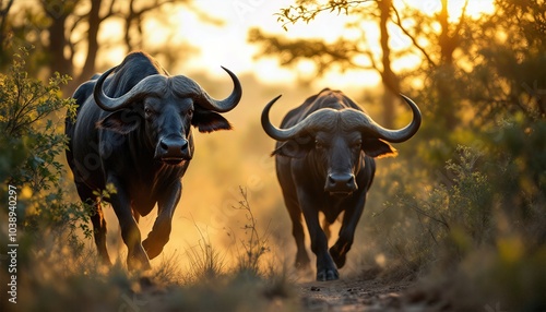 Sillonnant le sentier sinueux de la brousse africaine, le buffle avance d'un pas sûr, indifférent aux cris lointains des animaux. photo