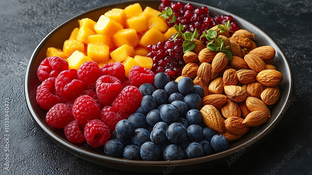 A black plate with a variety of fruits and nuts, full of blueberries, raspberries, almonds, and mango. Mixed fruits and nuts, brain-stimulating snack, healthy, natural energy boost, solid background. A black plate with a variety of fruits and nuts, full of blueberries, raspberries, almonds, and mango. Mixed fruits and nuts, brain-stimulating snack, healthy, natural energy boost, solid background.