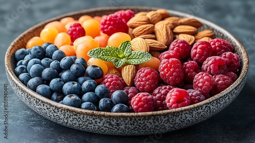 A black plate with a variety of fruits and nuts, full of blueberries, raspberries, almonds, and mango. Mixed fruits and nuts, brain-stimulating snack, healthy, natural energy boost, solid background.