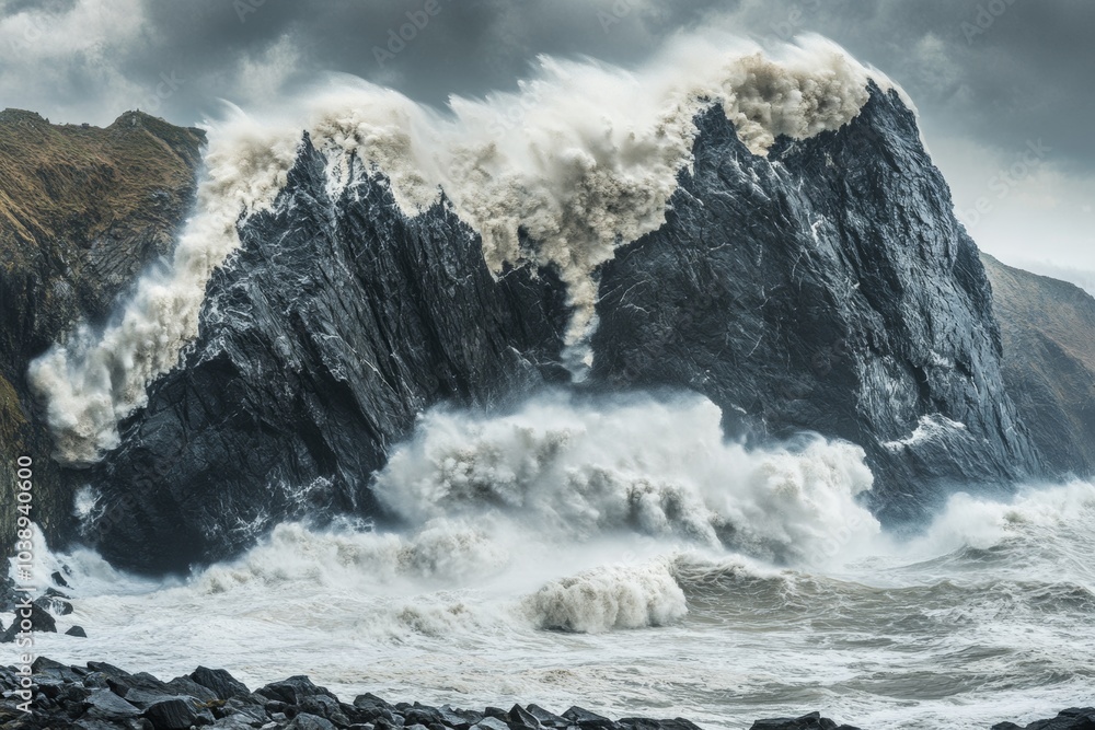 Powerful waves crash against a rugged cliff face during a stormy day, creating a dramatic scene of nature's raw power. Powerful waves crash against a rugged cliff face during a stormy day, creating a dramatic scene of nature's raw power.