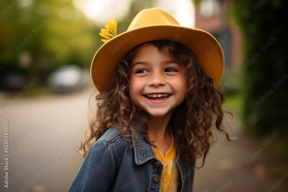 Portrait of a cute little girl in a hat with a yellow flower Portrait of a cute little girl in a hat with a yellow flower